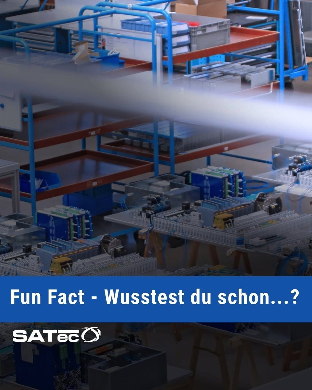 A factory with numerous shelves, storage boxes, and electronic components. The shelves are blue, and the text reads 'Fun Fact - Did you know?' in the center.
