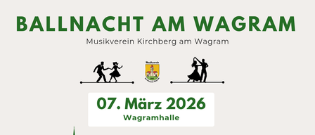 Plakat für eine Veranstaltung namens Nacht am Wag. Es zeigt eine Silhouette eines tanzenden Paares, ein Datum vom 7. März 2026 und den Namen eines Ortes, Wagramhalle.