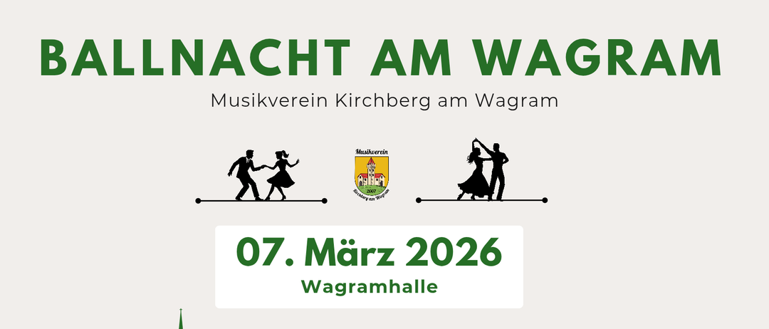 Plakat für eine Veranstaltung namens Nacht am Wag. Es zeigt eine Silhouette eines tanzenden Paares, ein Datum vom 7. März 2026 und den Namen eines Ortes, Wagramhalle.