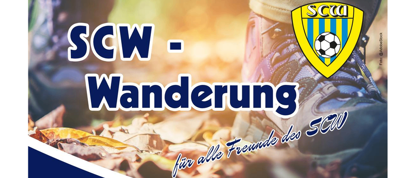 Ein Schuh mit SCW-Logo, umgeben von Blättern. Der Text lautet 'C W-Wanderung'. Die Worte 'für alle Freunde von SC' sind ebenfalls sichtbar.