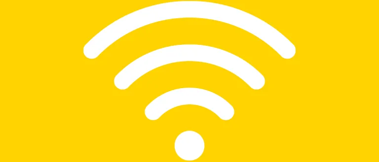 Gelber Hintergrund mit einem weißen WLAN-Symbol, das aus vier Bögen mit einem kleinen Punkt in der Mitte besteht.