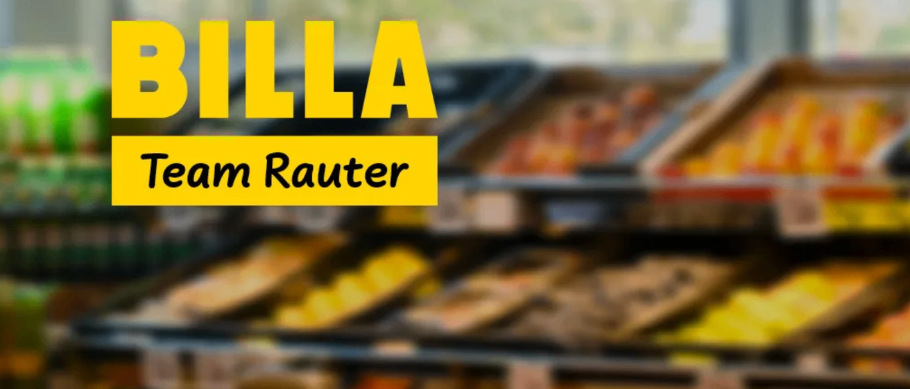 Das Bild zeigt einen unscharfen Hintergrund mit Lebensmitteln auf einem Regal, wobei 'ILLA' in gelbem Text oben steht. Darunter ist der Text 'm Rauter' zu sehen.