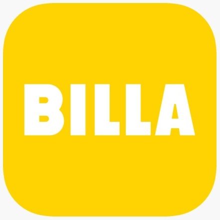 Ein gelbes quadratisches Icon mit dem Wort BILLA in weiß darauf geschrieben.
