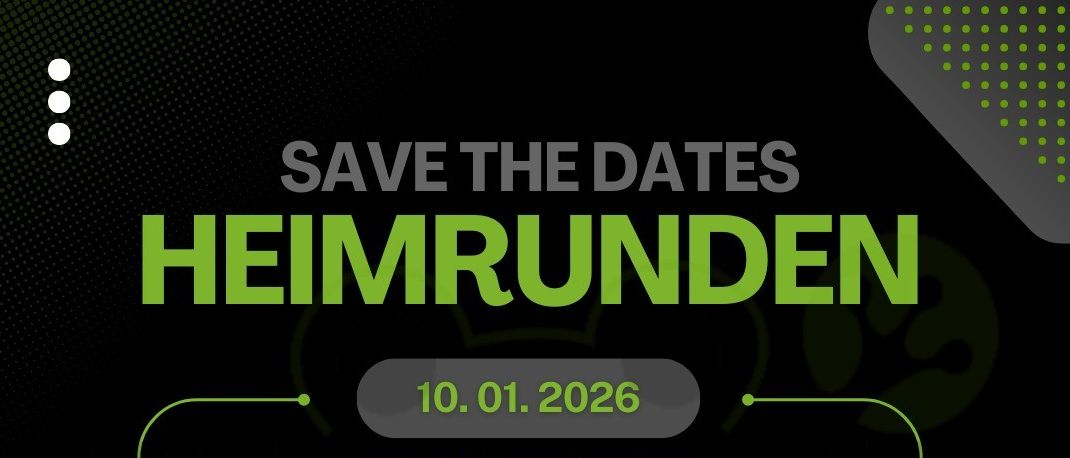 Poster mit 'Save the Dates' über einer Liste von Heimspielen. Spiele am 10. Jan 2026 um 16:00 mit VBC Weiz 2 und um 18:00 mit GSV St. Radegund. Ein weiteres Spiel am 31. Jan 2026 um 18:00 mit HIB Volley 4.