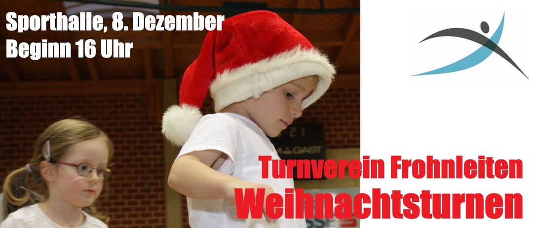 Ein junger Junge in einem weißen T-Shirt und einem Weihnachtshut schaut nach unten. Die Worte 'Turnverein Weihnachten' sind in Rot überlagert. Der Hintergrund ist eine Ziegelwand.