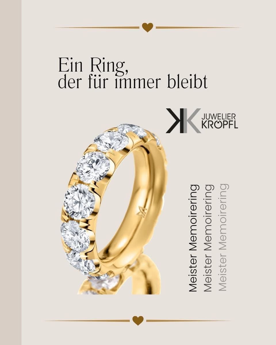 Ein goldener Ring mit mehreren Diamanten in einer Reihe, auf einem hellen Hintergrund mit Textüberlagerung.