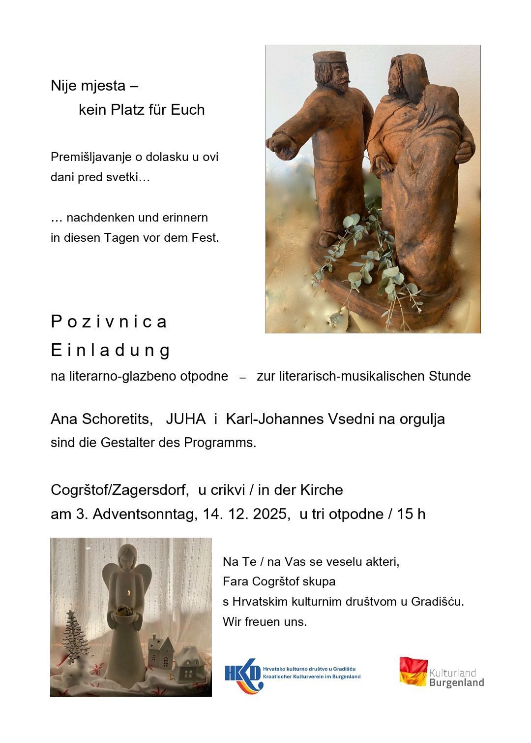 Ein Einladungsposter mit zwei Skulpturen, eine mit Blättern, die andere eine Kerze haltend. Der Text lautet Pozivnica Einladung und enthält Datum und Uhrzeit für eine Veranstaltung.