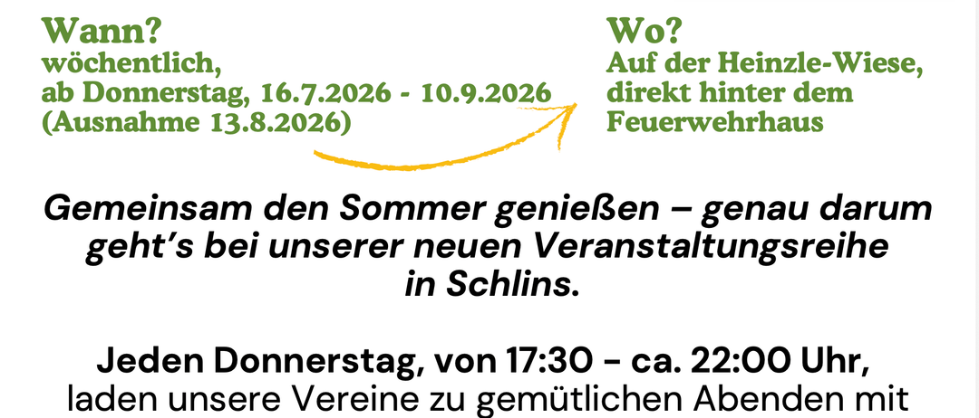 Wöchentliche Treffen auf der Heinzle-Wiese, jeden Donnerstag vom 16.7.2026 bis 10.9.2026, außer 13.8.2026. Genießen Sie Sommerabende mit Essen, Getränken und guter Stimmung in Schins.