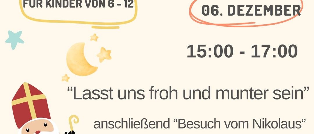 Ein Plakat für die 'Buki-Runde' für Kinder von 6-12 Jahren. Das Event findet am 6. Dezember von 15:00 bis 17:00 Uhr statt. Der Nikolaus wird um 16:30 Uhr zu Besuch kommen. Ort: SEELsorgeRAUM, Kirchplatz 2, Trofaiach. Nächstes Event: 17. Jänner 2026.