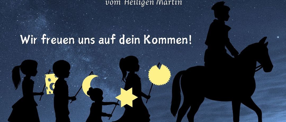 Plakat für das Martinsfest am 11. November 2025 um 17 Uhr an der Trofaiacher Schule. Drei Stationen erzählen die Geschichte des Heiligen Martin. Bring deine Laterne mit. Kinder halten Laternen und Sterne.