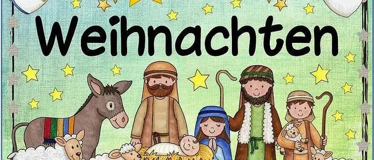 Eine Illustration der Weihnachtskrippe mit dem Wort Weihnachten oben. Ein Esel, Schafe, Baby Jesus und mehrere Erwachsene umgeben die Szene.