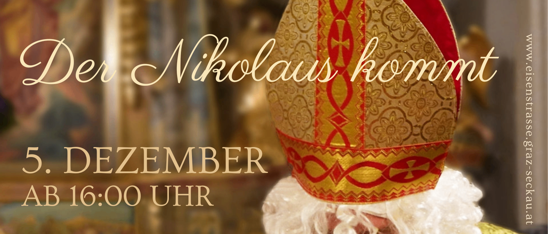 Ein Bild zeigt eine Figur als St. Nikolaus gekleidet. Darunter steht eine Einladung für Familien, sich für einen Nikolausbesuch bei der Pfarre zu melden. Telefonnummern sind angegeben.