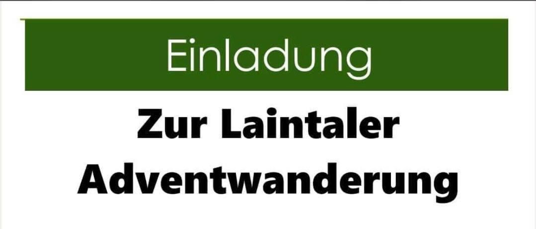 Plakat für die Laintaler Adventwanderung am Sonntag, 7. Dezember 2025. Treffpunkt ist Schoberkreuz um 19 Uhr. Zeigt einen Apfel, Tannenzapfen und Kerzen.