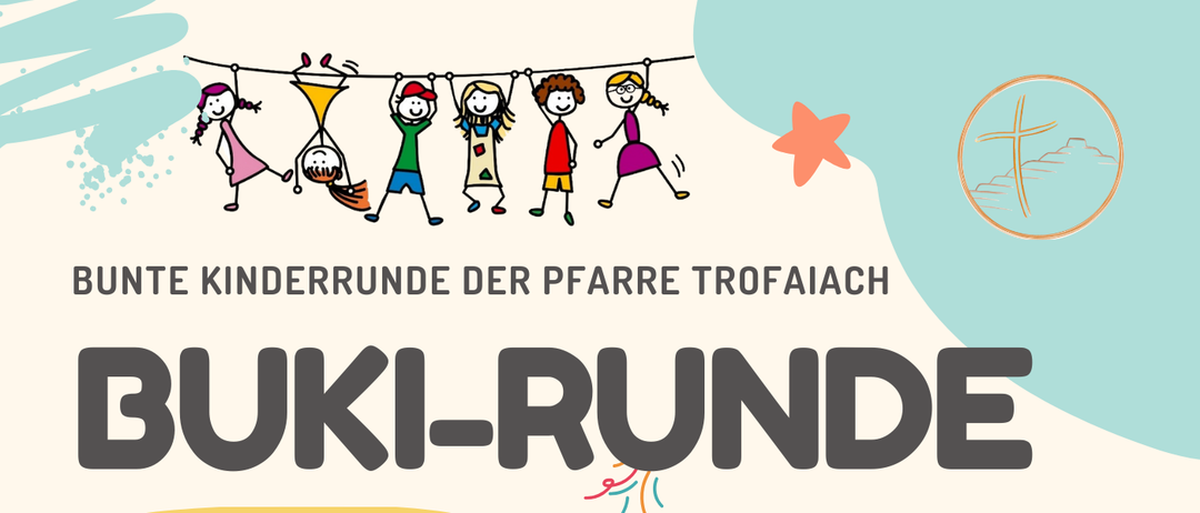 Ein Plakat für eine bunte Kinderparty in Trofaiach. Es zeigt verschiedene Kinderillustrationen, darunter eine Fee, ein Superheld und eine Hexe. Die Veranstaltung mit dem Titel 'BUKI-RUNDE' ist für den 7. Februar 2026 von 15:00 bis 17:00 Uhr geplant.