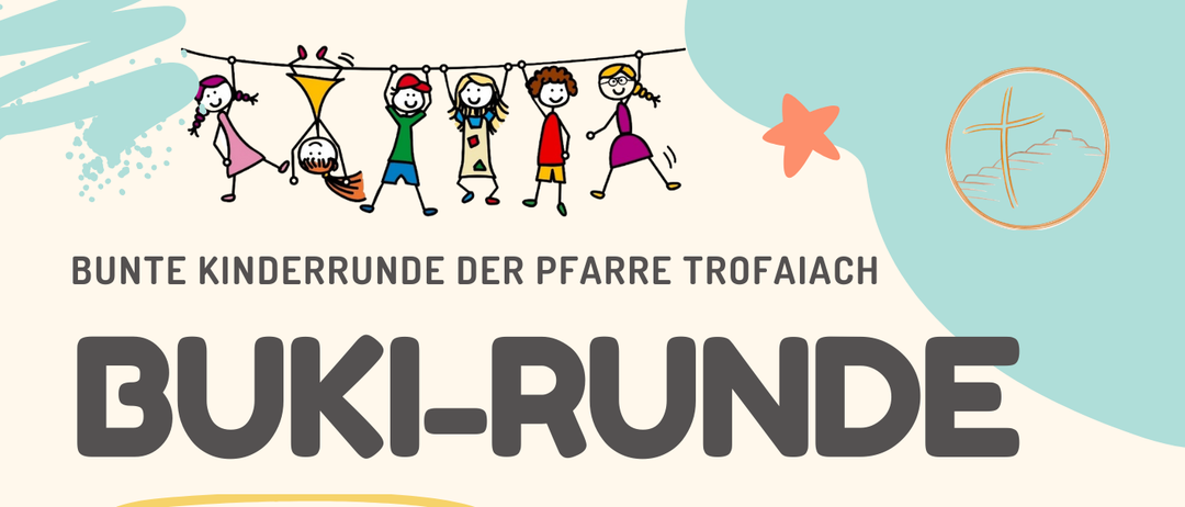 Ein Plakat für eine Kinderveranstaltung, die Bunte Kinderrunde der Pfarre Trofaiach, geplant für den 6. Juni 2026, von 15:00 bis 17:00 Uhr, im SEELsorgeRAUM, Kirchplatz 2, Trofaiach. Es zeigt eine Picknickszene mit Kindern.