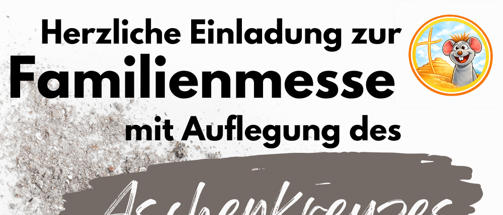 Plakat für Aschermittwoch mit Asche und einem Kreuz, Datum und Uhrzeit für eine Veranstaltung.