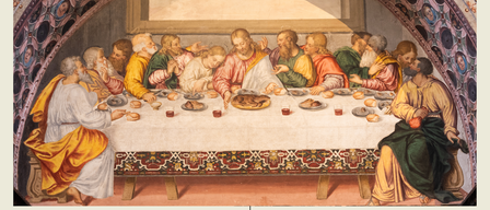 Plakat für einen Gottesdienst am 2. April 2026 um 19:00, mit einem historischen Gemälde einer Mahlzeit und Text auf Deutsch 'Liturgie zum Gründonnerstag'.