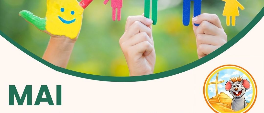 Plakat für eine Mai-Veranstaltung für Kinder und Familien. Das Plakat zeigt Hände, die Papierausschnitte von Menschen halten. Der Veranstaltungstermin ist der 3. Mai 2026, mit einem Treffpunkt um 14:00 Uhr in der Stadtpfarrkirche Trofaiach.