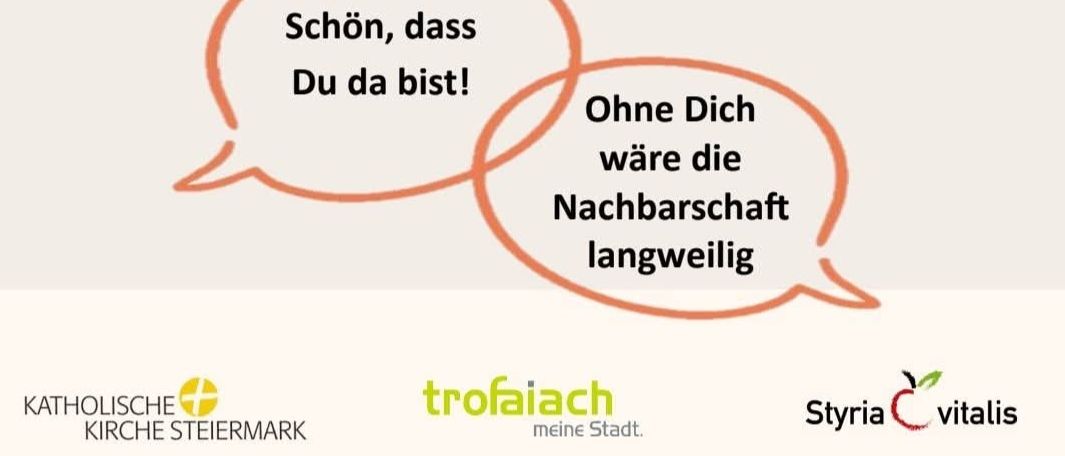 Poster for neighborhood breakfast, on May 26, 2026, near the kindergarten Bergmanngasse, Trofaiach. Invitation in German with two speech bubbles.