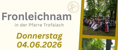 Plakat für eine Messe am 04.06.2026 um 10:00 Uhr im Stadtpark Trofaiach mit musikalischer Begleitung durch das Trofaiacher Quartett. Einladung zur Agape nach dem Gottesdienst.