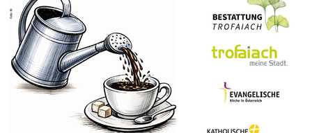 Eine Illustration einer Gießkanne, die Kaffee in eine Tasse auf einem Untersetzer gießt, mit zwei Zuckerwürfeln und einem Löffel, neben Logos für Trofaiach, Evangelische Kirche in Österreich und Katholische Kirche.