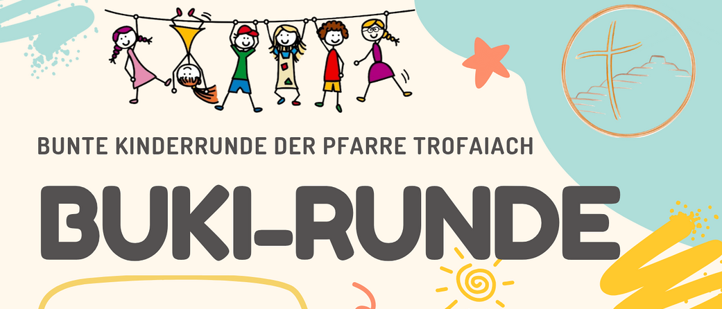 Plakat für eine monatliche Kinderveranstaltung namens 'Buki-Runde'. Es bietet Aktivitäten wie Spielen, Basteln und Lachen. Die Veranstaltung ist für Kinder im Alter von 6-12 Jahren und findet an verschiedenen Terminen von September 2026 bis Mai 2027 statt.