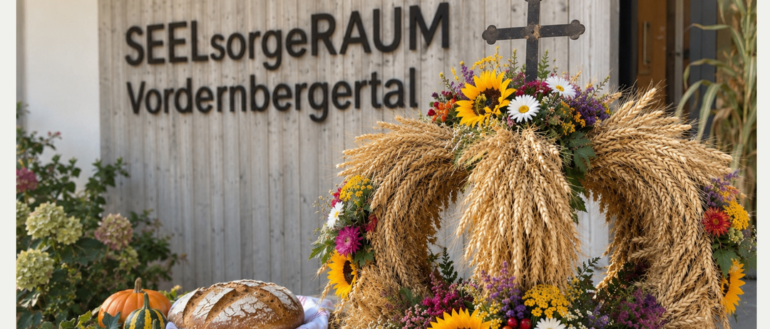 Eine Einladung zum Erntedankfest mit einem Weizenkranz, Blumen und Kürbissen. Die Veranstaltung beinhaltet einen Gottesdienst, gefolgt von einem Frühstück.