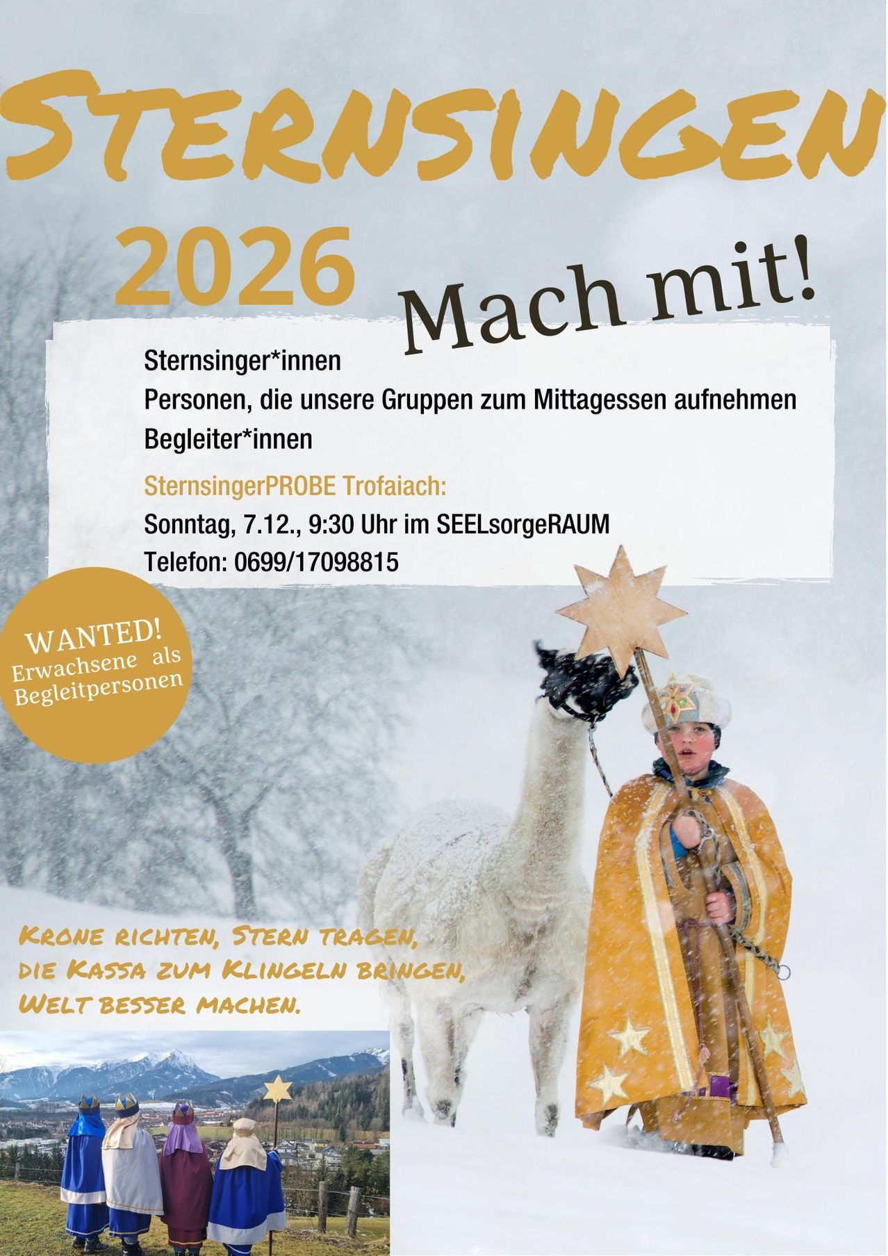 Plakat für ein Gesangsgruppen-Event am 7. Dezember 2026. Es zeigt ein Kind in einem gelben Gewand, das einen Stern hält, neben einem weißen Alpaka im Schnee. Der Text ist auf Deutsch.