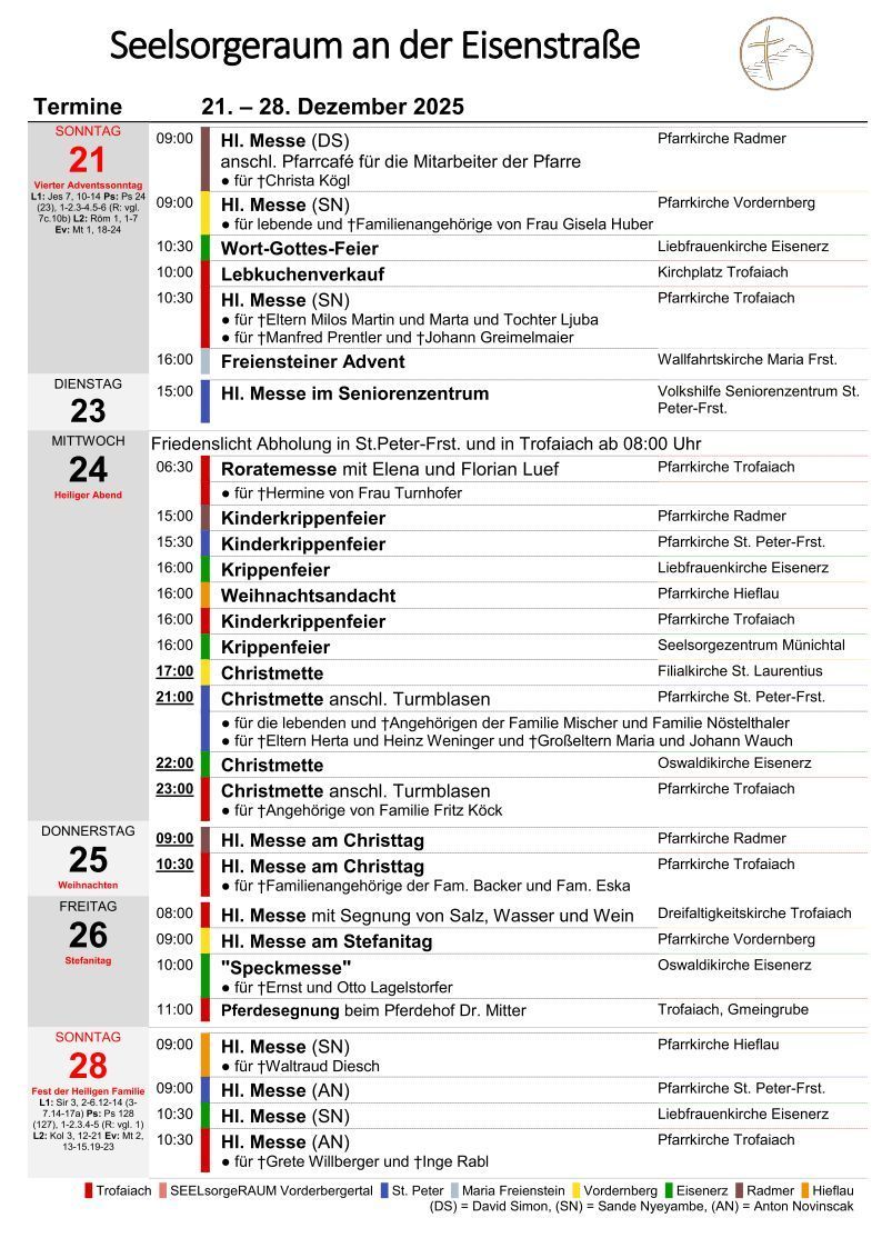 Zeitplan für verschiedene religiöse Dienstleistungen und Veranstaltungen, einschließlich HI. Messe (SN) für Familien von Frau Gisela Huber, Lebukuchenverkauf und Rotermesse mit Elena und Florian Luef. Details umfassen Zeiten, Orte und Teilnehmer.