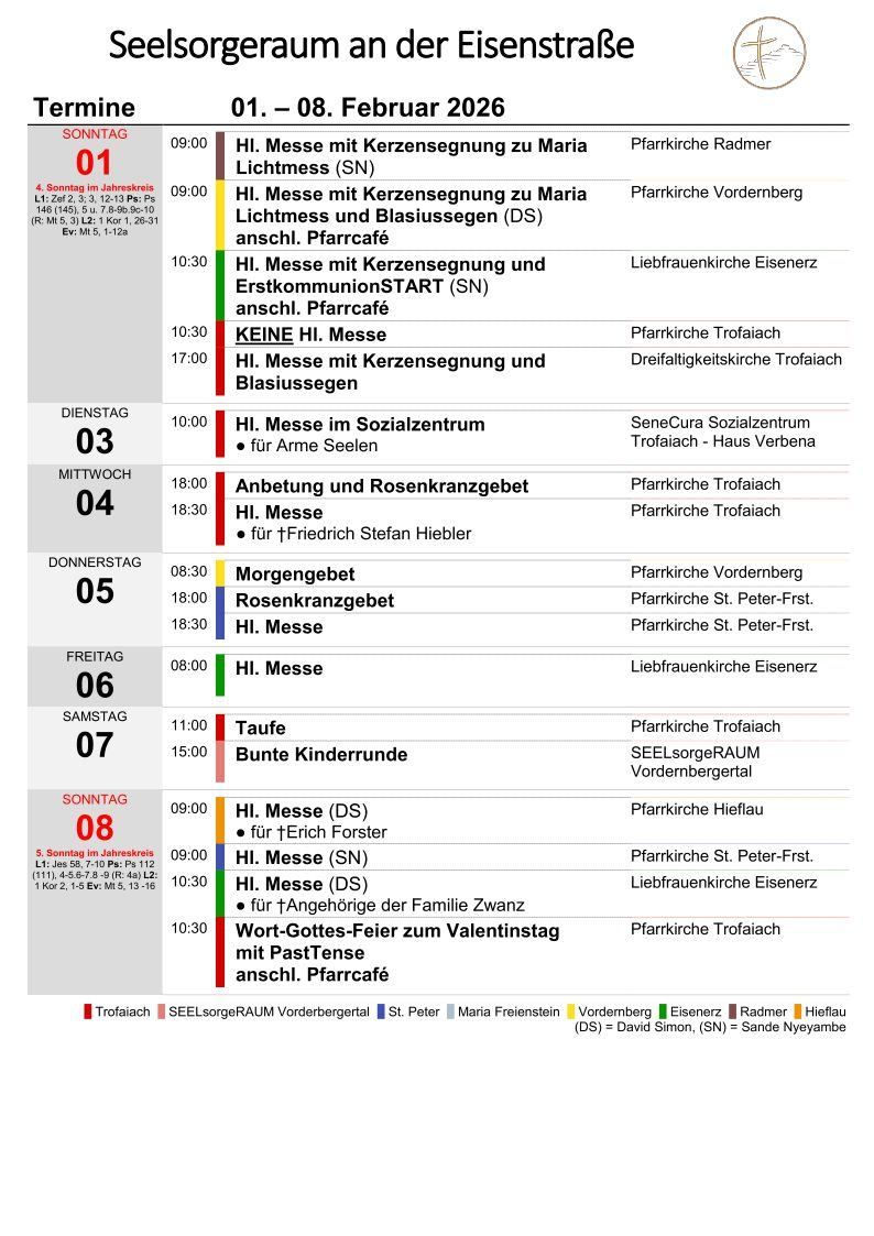 Ein wöchentlicher Zeitplan listet verschiedene kirchliche Gottesdienste und Aktivitäten auf. Die Zeiten reichen von 09:00 bis 18:30. Zu den Gottesdiensten gehören Messen, Gebete und andere religiöse Veranstaltungen.