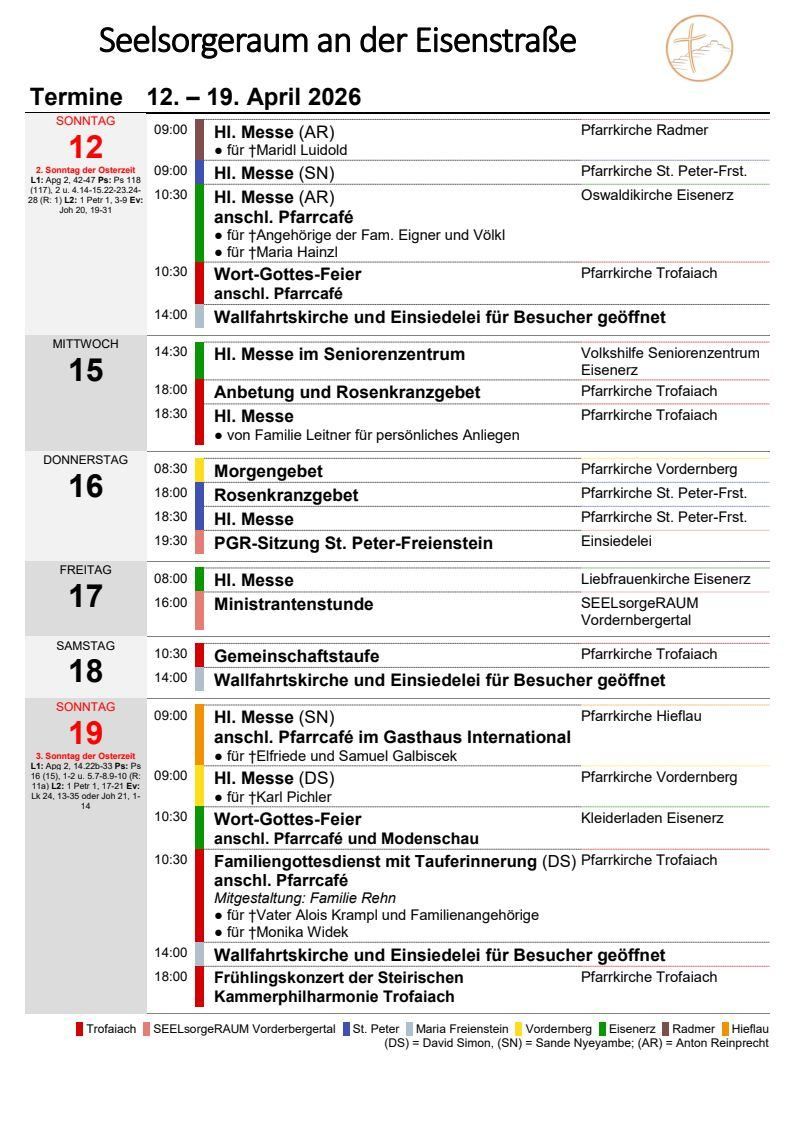 Wöchentlicher Zeitplan für Messen und Veranstaltungen. Hohe Messe um 9:00 Uhr am Sonntag, 10:30 Uhr am Donnerstag und mehr. Spezielle Veranstaltungen wie ein Gemeinschaftsfest und ein Familiengebetscafé sind ebenfalls aufgeführt.