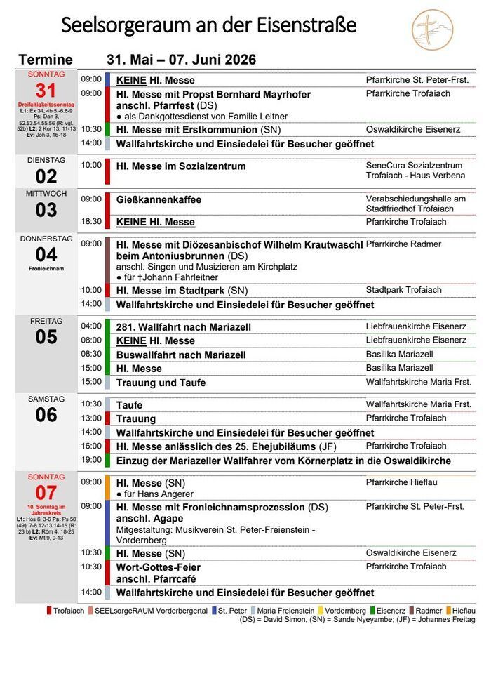 Ein wöchentlicher Zeitplan für Messen und Veranstaltungen in Trofaiach, Österreich, einschließlich Datum, Uhrzeit, Orten und Beschreibungen. Features beinhalten Messen mit spezifischen Priestern, spezielle Dienste wie das Donaufest und die 281. Wallfahrt nach Mariazell.