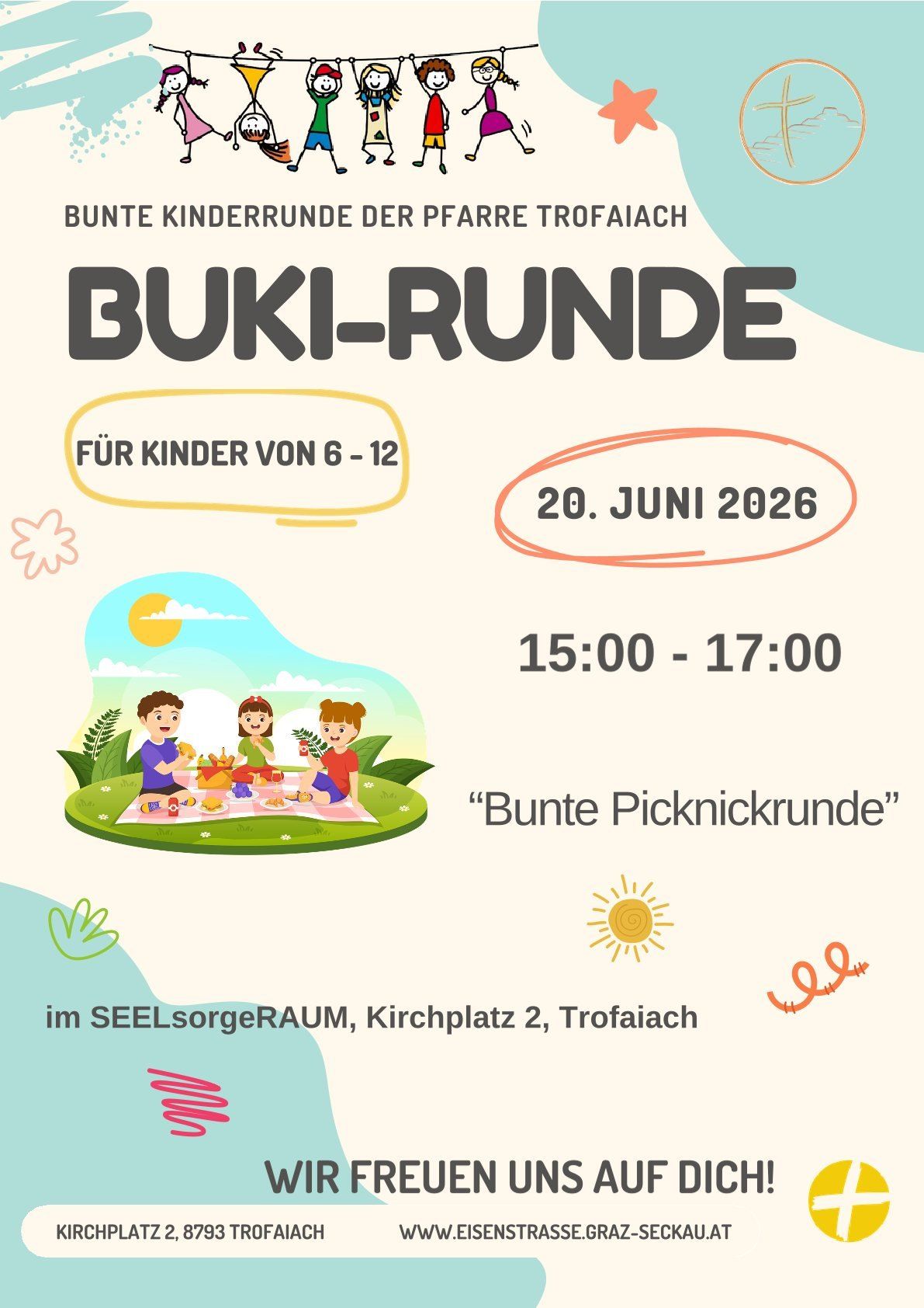 Plakat für Kinder-Picknick-Veranstaltung am 20. Juni 2026. Zeit ist 15-17 Uhr. Ort ist SEELsorgeRAUM, Kirchplatz 2, Trofaiach. Illustration von Kindern beim Picknick.