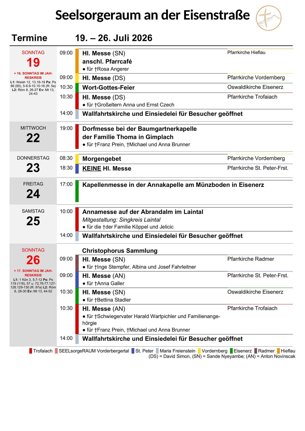 A weekly schedule of masses and events at various churches in German-speaking regions, including times, locations, and special notes.