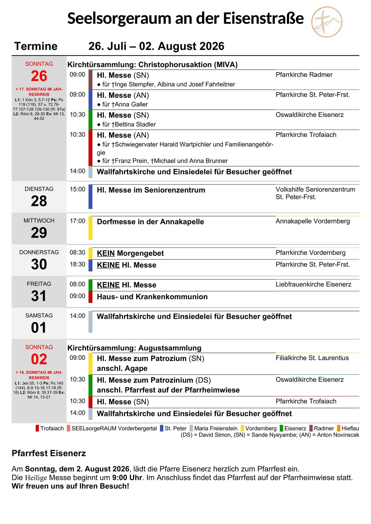 Eine Tabelle, die den wöchentlichen Zeitplan von Gottesdiensten und Veranstaltungen anzeigt, einschließlich Datum, Uhrzeit, Ort und Teilnehmer. Die Tabelle ist in Abschnitte für jeden Wochentag unterteilt, mit spezifischen Details für jedes Ereignis.