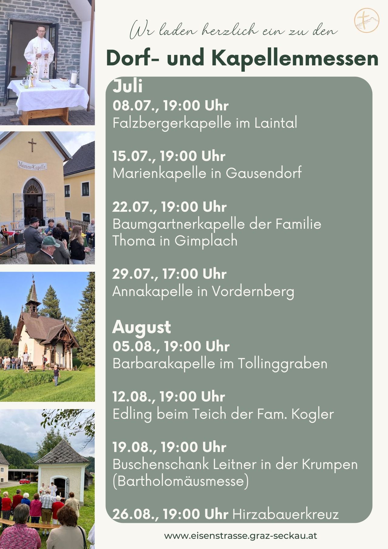 Ein Plakat mit einem Zeitplan für Kapellenbesuche im Juli und August, mit Bildern von Kapellen und Menschen, die sich draußen versammeln. Der Zeitplan enthält Daten, Zeiten und Orte der Kapellen.