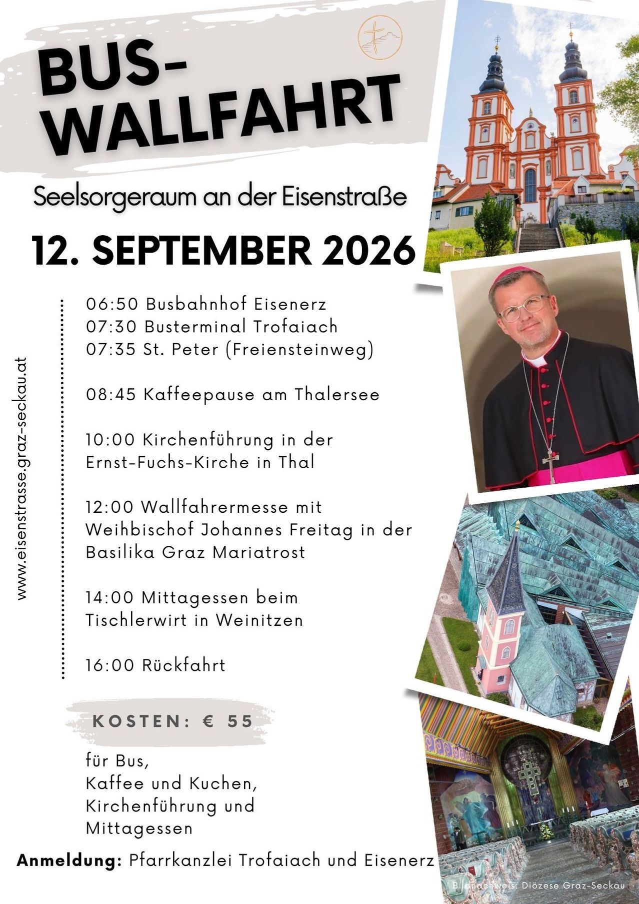 Plakat für eine religiöse Veranstaltung am 12. September 2026 mit einem Priester, einer Kirche und einem Zeitplan der Aktivitäten.