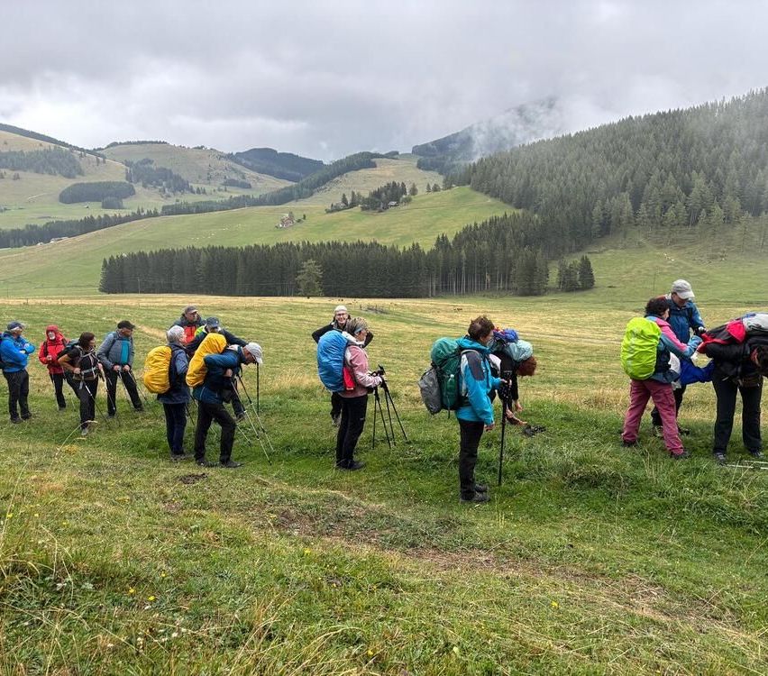 Eine Gruppe von Wanderern mit Rucksäcken und Trekkingstöcken steht in einem Grasfeld mit einer Kulisse von Bergen und Bäumen.