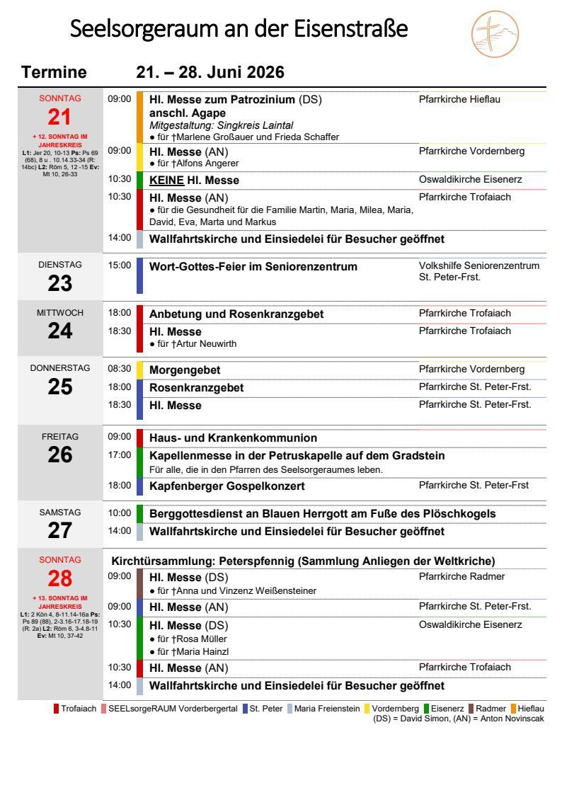 Dies ist ein wöchentlicher Kirchenplan mit Zeiten für Gottesdienste, Gebetstreffen und anderen Veranstaltungen an verschiedenen Orten. Es enthält spezifische Daten, Zeiten und Details für jede Veranstaltung.