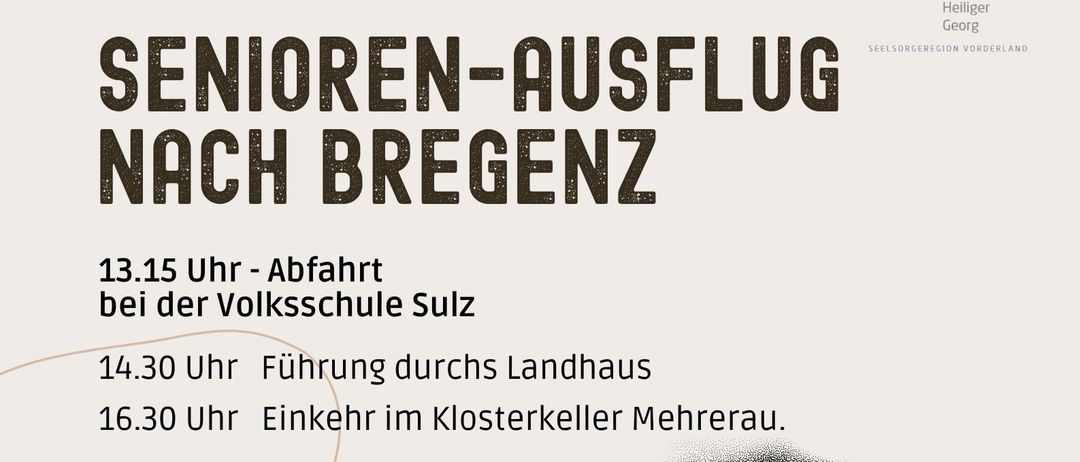 Ein Event für Senioren zum Besuch von Bregenz. Abfahrt um 13:15 Uhr von der Volksschule Sulz. Geführte Tour um 14:30 Uhr und Check-in um 16:30 Uhr. Anmeldeschluss: Mittwoch, 10. September 2025. Kosten: 10 €. Mahlzeiten und Getränke werden von der Gemeinde Sulz und dem Arbeitskreis Sozial bereitgestellt. Kontakt: Christel Reich, 0676/56 15 520.