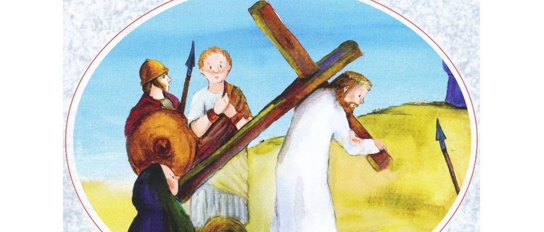 Plakat mit einem religiösen Bild von Jesus, der ein Kreuz trägt. Darunter steht 'Den Weg mit Jesus gehen'. Darunter sind Zeit und Ort für eine Veranstaltung angegeben.