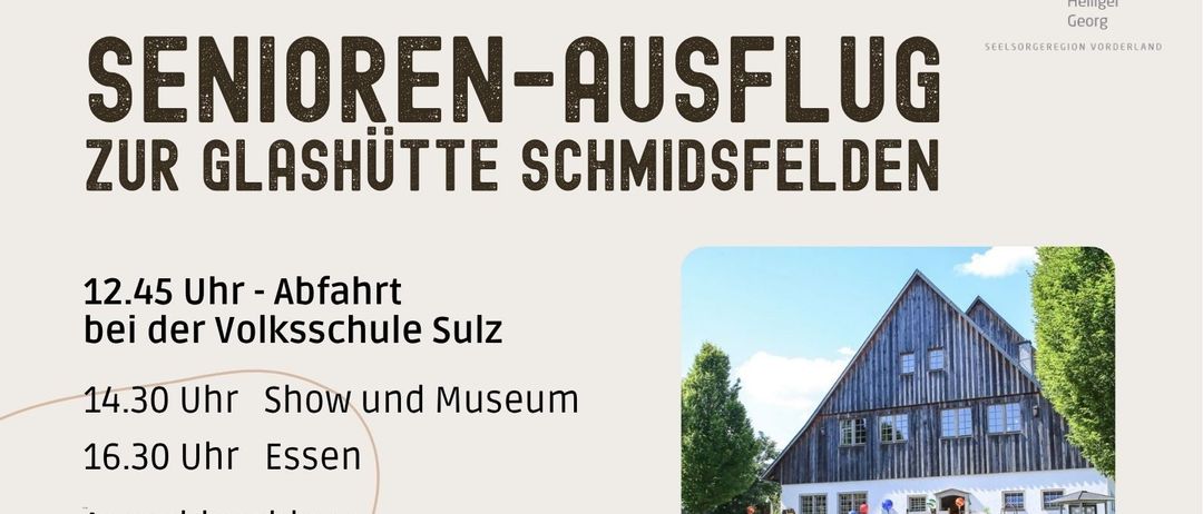 Ein Veranstaltungsplakat für eine Glasblaser-Werkstatt bei der Sulz Glashütte. Das Plakat enthält Details wie Zeit, Ort und Kontaktinformationen. Es wird auch erwähnt, dass die Veranstaltung für Mitglieder der Sulz Glashüttenvereinigung geboren im Jahr 1961 oder älter ist. Das Plakat zeigt ein Bild einer Glasblaser-Demonstration.