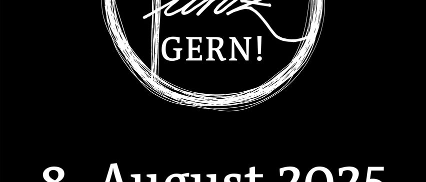 Schwarzes Poster mit weißem Text und einem Logo. Das Logo lautet 'Punk Gern!' in stilisierter Schrift. Unter dem Logo steht '8. August 2025 Dorfplatz Siebing'. Unten befindet sich ein Logo für 'GlaMur'.