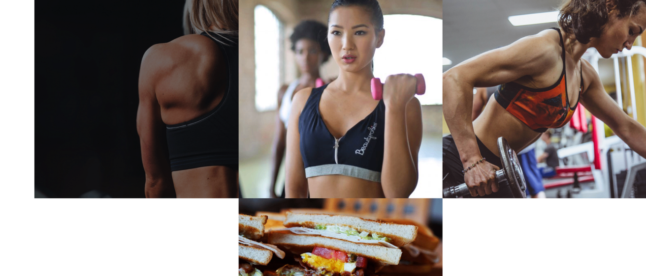 Eine Frau trainiert mit Hanteln, eine weitere Frau ist im Hintergrund. Ein weiteres Bild zeigt einen Mann, der Gewichte hebt. Ein drittes Bild zeigt ein Sandwich auf einem Holzbrett.