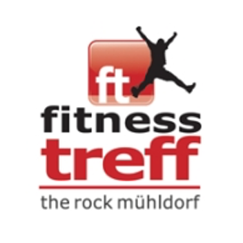 Das Fitness treff Logo zeigt eine Person, die in der Luft springt, mit einem roten Quadrat, das 'ft' steht. Darunter steht der Text 'Fitness treff' und 'the rock mühldorf'.