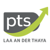 Das pts Logo zeigt einen stilisierten Pfeil, der nach oben zeigt, mit dem Text pts in weiß auf grauem Hintergrund. Darunter steht Laaan an der Thaya.
