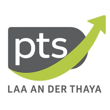 Das pts Logo zeigt einen stilisierten Pfeil, der nach oben zeigt, mit dem Text pts in weiß auf grauem Hintergrund. Darunter steht Laaan an der Thaya.