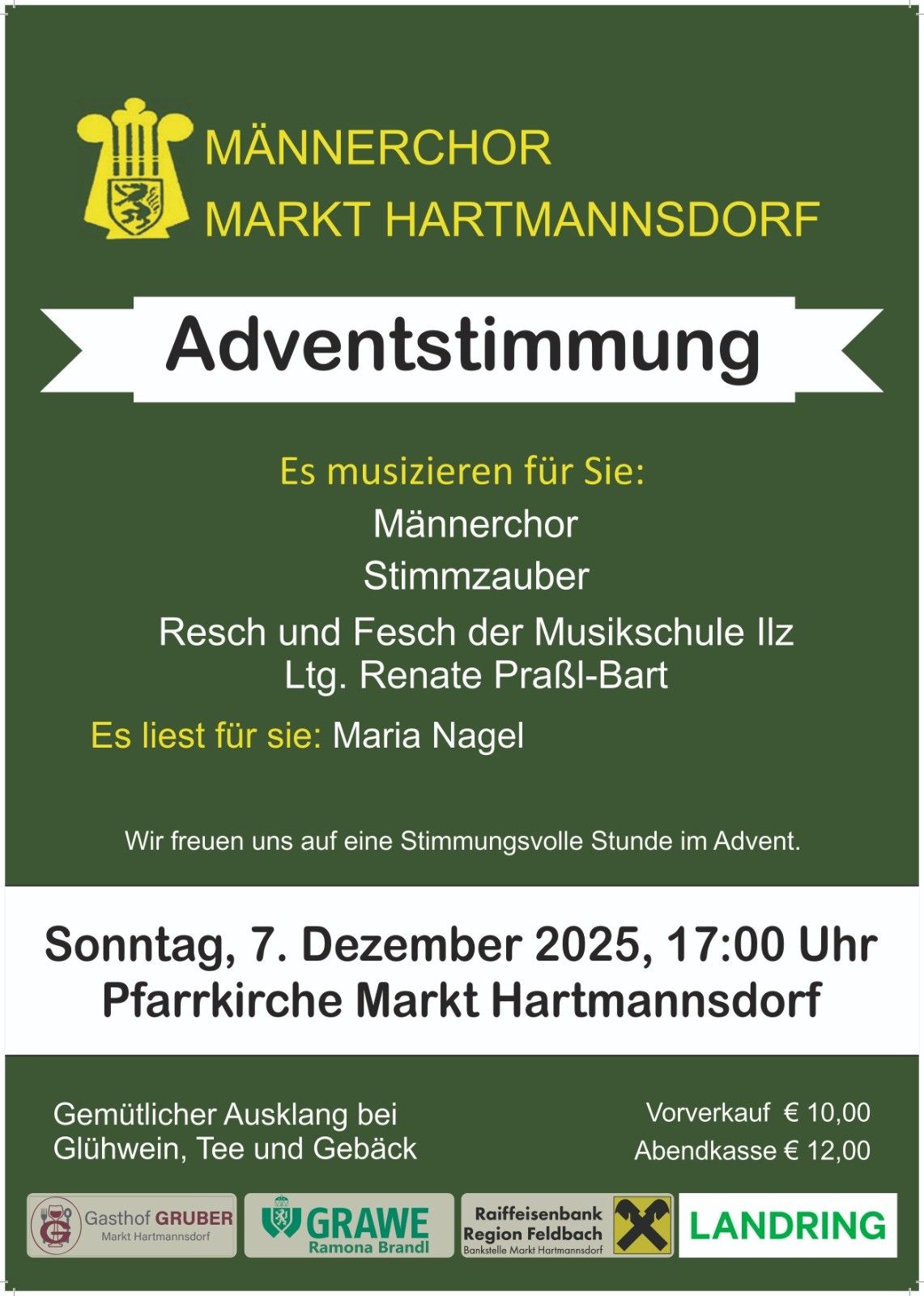 Ein Plakat für die Adventstimmungsveranstaltung in Markt Hartmannsdorf. Der Chor und Maria Nagel treten am 7. Dezember 2025 um 17:00 Uhr in der Pfarrkirche Markt Hartmannsdorf auf.