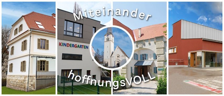 Vier Bilder von Gebäuden im Dorf. Erstens, ein weißes Haus mit Zaun und grünem Rasen. Zweitens, eine Schule mit dem Text 'Kindergarten'. Drittens, eine kleine Kirche mit Turm. Viertens, ein modernes rotes Gebäude.