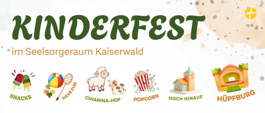 Ein Kinderfest im Seelsorgerraum Kaiserwald. Angebote umfassen Eispops, einen Ball, Tennisschläger, Schaf, Kuh, Popcorn, ein Haus und eine Hüpfburg.